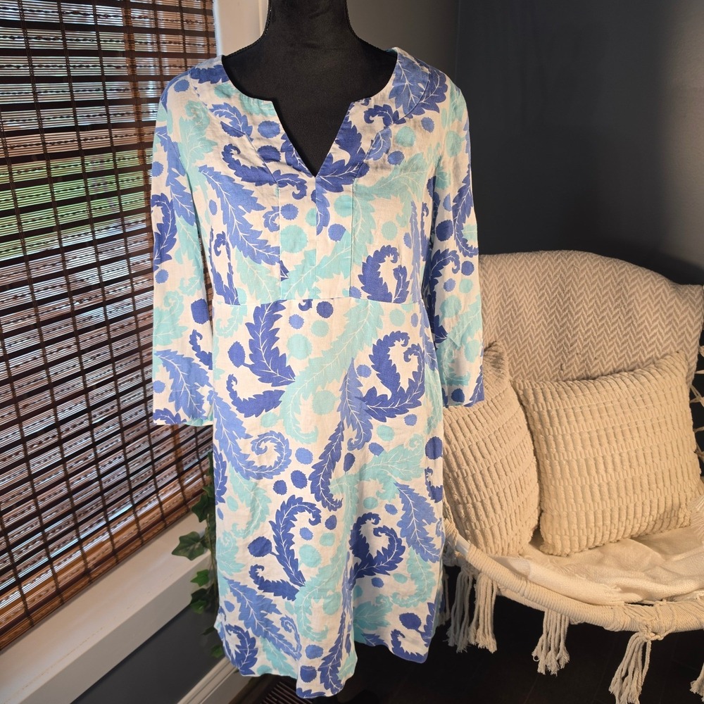 Boden Blue Turquoise Linen Leaf Print Shift Dress V-Neck Long Sleeve US 10L